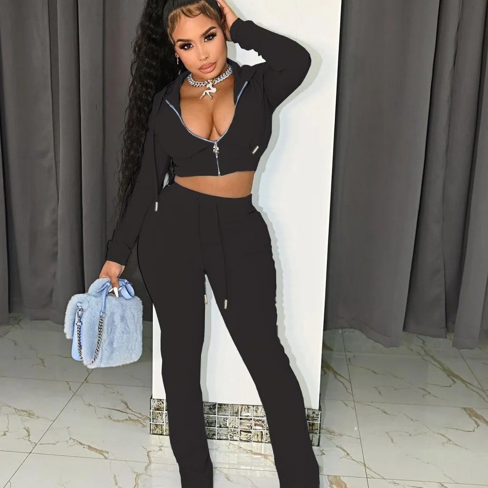 Women Solid Two Piece Set: Sport Hoodie Crop Top + Flare Pants, Autumn Streetwear